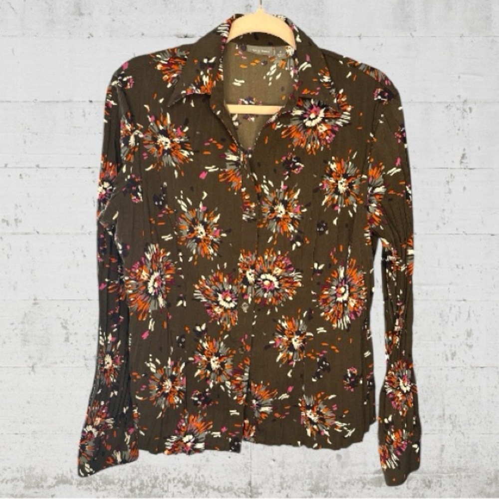 Apt 9 Brown Modern Floral Crinkle Button Front Long Sleeve Blouse | Medium